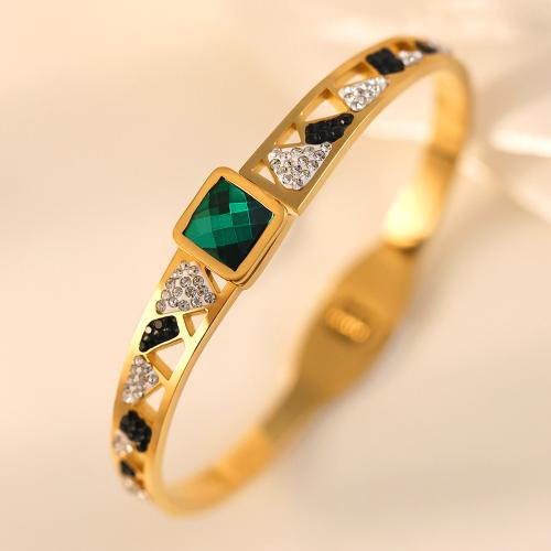 Titanium Steel Bangle, Geometrical Pattern, gold color plated, for woman & with rhinestone, Inner Diameter:Approx 60mm, Sold By PC