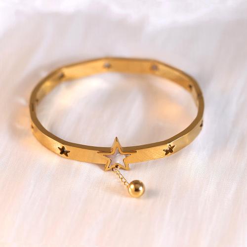 Titanium Steel Bangle, with White Shell, Star, gold color plated, for woman & hollow, Inner Diameter:Approx 60mm, Sold By PC