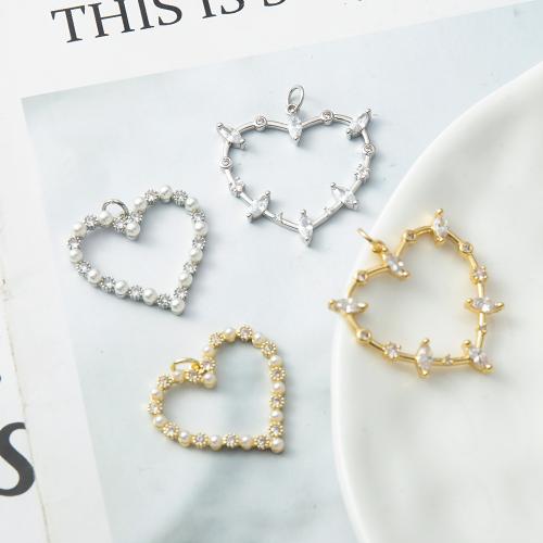 Brass Heart Pendants, with Plastic Pearl, plated, DIY & micro pave cubic zirconia, more colors for choice, nickel, lead & cadmium free, 27.80x3.20x32.50mm, Sold By PC