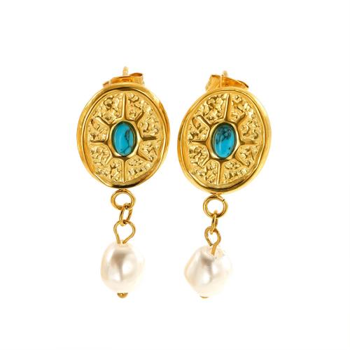 Stainless Steel Drop Earring, 304 Stainless Steel, with turquoise & Plastic Pearl, 18K gold plated, fashion jewelry & different styles for choice & for woman, Sold By Pair