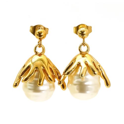 Boucle d'oreille goutte inox, Acier inoxydable 304, avec perle d'eau douce cultivée, fleur, Plaqué or 18K, bijoux de mode & pour femme, Vendu par paire