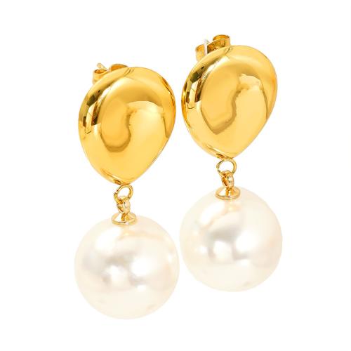 Boucle d'oreille goutte inox, Acier inoxydable 304, avec perle de plastique, Plaqué or 18K, bijoux de mode & pour femme, Vendu par paire