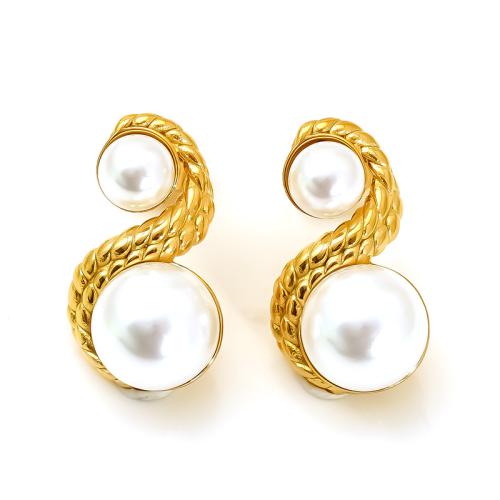 Stainless Steel Stud Earrings, 304 Stainless Steel, with Plastic Pearl, 18K gold plated, fashion jewelry & for woman, Sold By Pair