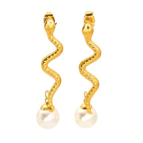 Stainless Steel Stud Earrings, 304 Stainless Steel, with Plastic Pearl, Snake, 18K gold plated, fashion jewelry & different styles for choice & for woman, Sold By Pair