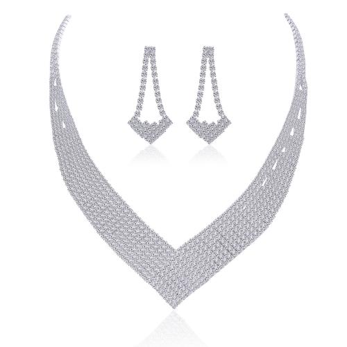 Brass Jewelry Set, 2 pieces & fashion jewelry & for woman & with rhinestone, silver color, Sold By Set