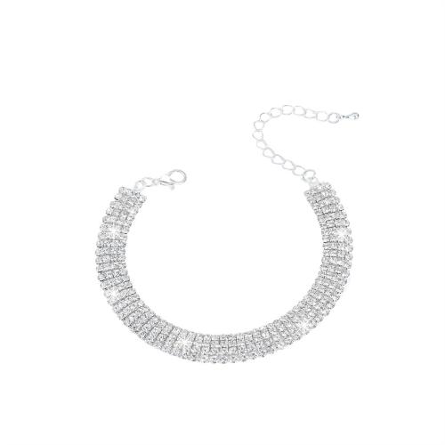 Brass Anklet, fashion jewelry & for woman & with rhinestone, silver color, Sold By PC