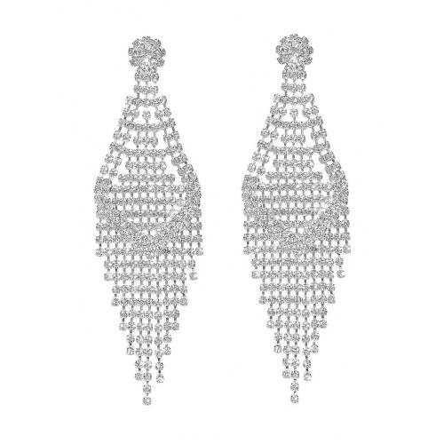 Brass Drop Earring, fashion jewelry & for woman & with rhinestone, silver color, Sold By Pair