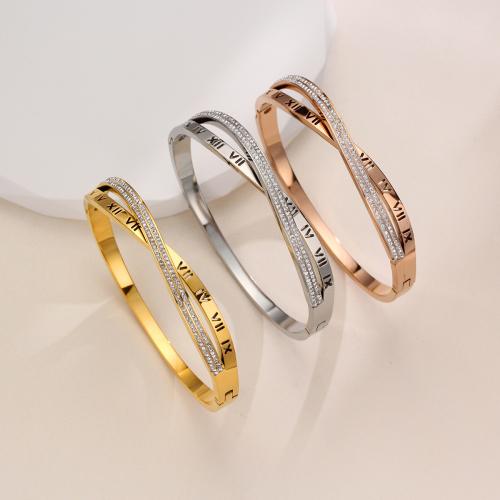 Titanium Steel Bangle, Vacuum Ion Plating, with roman number & for woman & with rhinestone, more colors for choice, Inner Diameter:Approx 60mm, Sold By PC