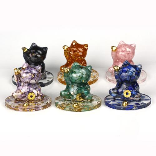 Natural Gravel Cell Phone Holder, with Resin, Fortune Cat, epoxy gel, different materials for choice, 80x80x70mm, Sold By PC