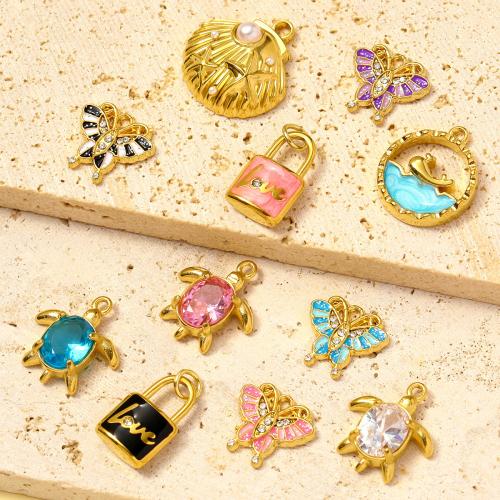 Stainless Steel Pendants, 304 Stainless Steel, with Plastic Pearl, gold color plated, DIY & micro pave cubic zirconia & enamel & with rhinestone, more colors for choice, 3PCs/Bag, Sold By Bag