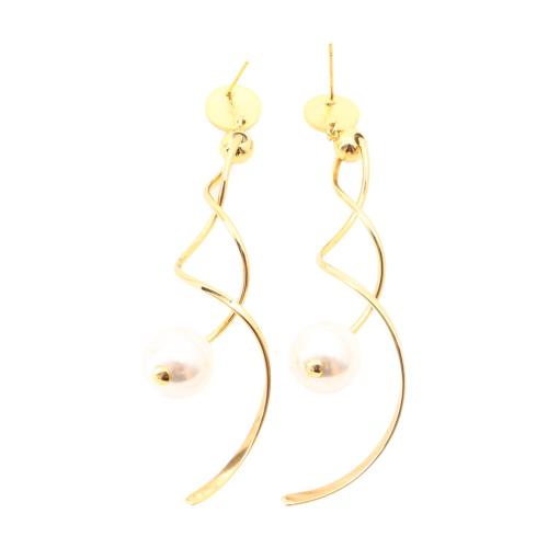 Brass Drop Earring, with Freshwater Pearl, fashion jewelry & for woman, golden, 81x15x13mm, Sold By Pair