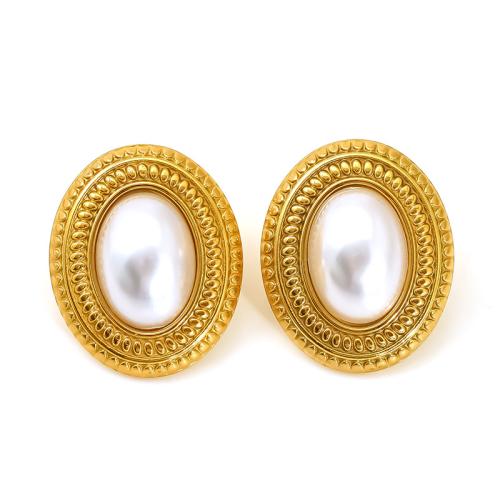 Stainless Steel Stud Earrings, 304 Stainless Steel, with Plastic Pearl, 18K gold plated, fashion jewelry & different styles for choice & for woman, Sold By Pair