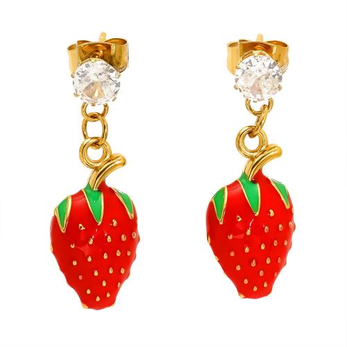 Stainless Steel Drop Earring, 304 Stainless Steel, with Cubic Zirconia, 18K gold plated, different styles for choice & for woman & enamel, Sold By Pair