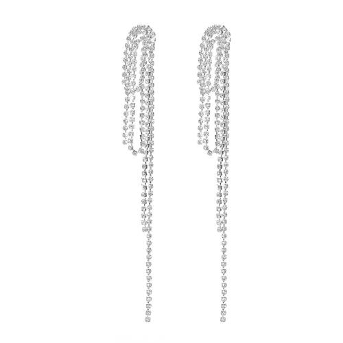 Brass Drop Earring, fashion jewelry & for woman & with rhinestone, silver color, Sold By Pair