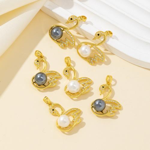 Rhinestone Brass Pendants, with Shell Pearl, Swan, plated, DIY & with rhinestone, more colors for choice, Sold By PC