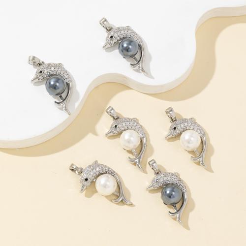 Rhinestone Brass Pendants, with Shell Pearl, Dolphin, plated, DIY & with rhinestone, more colors for choice, nickel, lead & cadmium free, Sold By PC