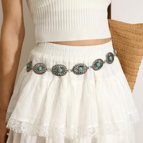 Tibetan Style Waist Chain, with turquoise & Iron, plated, vintage & for woman, silver color, Length:Approx 110 cm, Sold By PC