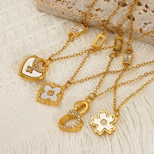 Stainless Steel Jewelry Necklace, 304 Stainless Steel, with White Shell, 18K gold plated, different styles for choice & micro pave cubic zirconia & for woman, Sold By PC