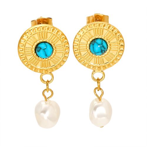 Stainless Steel Drop Earring, 304 Stainless Steel, with turquoise & Plastic Pearl, 18K gold plated, fashion jewelry & different styles for choice & for woman, Sold By Pair