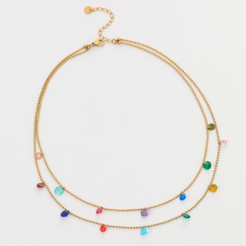 Stainless Steel Jewelry Necklace, 304 Stainless Steel, with Cubic Zirconia, plated, Double Layer & fashion jewelry & for woman, more colors for choice, Sold By PC