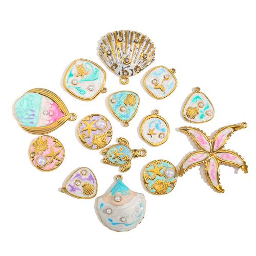 Stainless Steel Pendants, 304 Stainless Steel, with Plastic Pearl, 18K gold plated, DIY & different styles for choice & enamel, more colors for choice, 3PCs/Bag, Sold By Bag