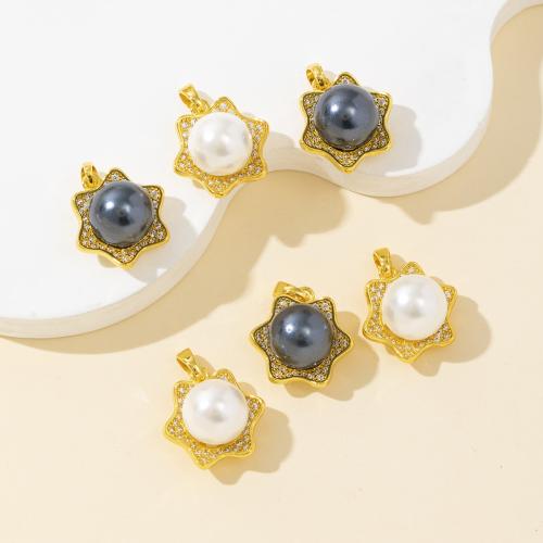 Rhinestone Brass Pendants, with Shell Pearl, Flower, DIY & with rhinestone, more colors for choice, nickel, lead & cadmium free, Sold By PC