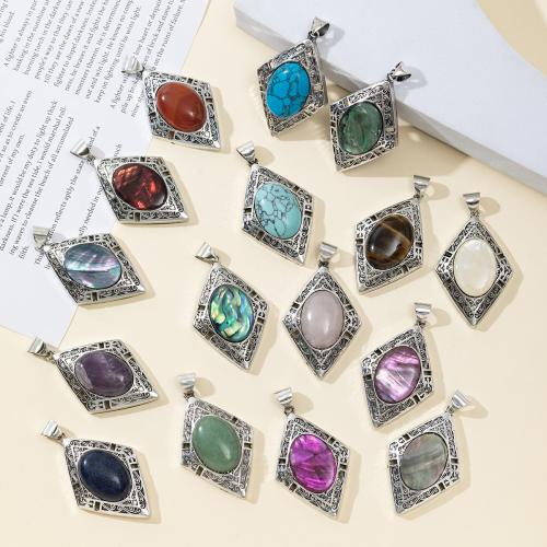 Gemstone Pendants Jewelry, 304 Stainless Steel, with Gemstone & Shell, Rhombus, plated, DIY, more colors for choice, Sold By PC