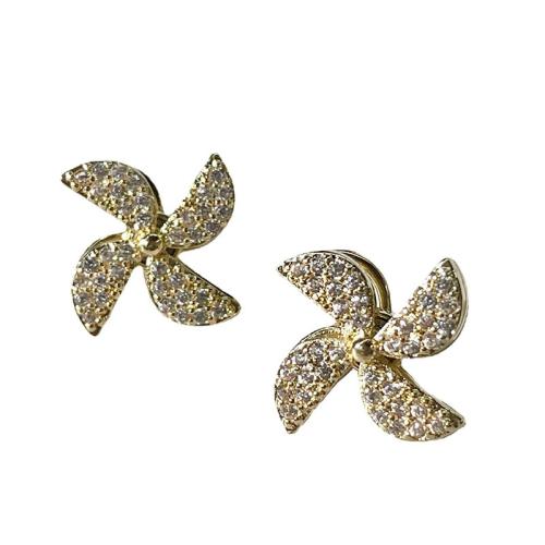 Brass Stud Earring, Pinwheel, plated, fashion jewelry & micro pave cubic zirconia, more colors for choice, 25x25x25mm, Sold By PC