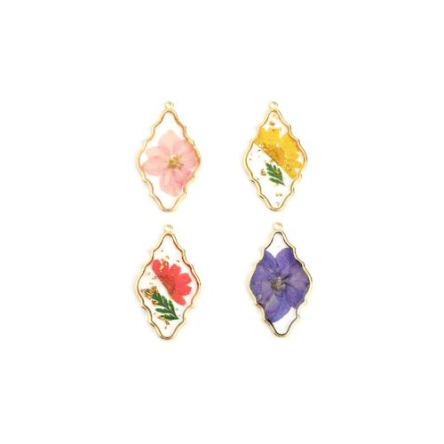Tibetan Style Pendant, with Epoxy Sticker & Dried Flower, Rhombus, plated, DIY, more colors for choice, 49x28mm, Sold By PC