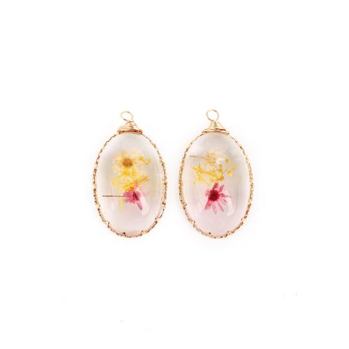 Resin Pendant, with Dried Flower & Brass, Teardrop, plated, DIY, Random Color, 35.30x19.80mm, Sold By PC