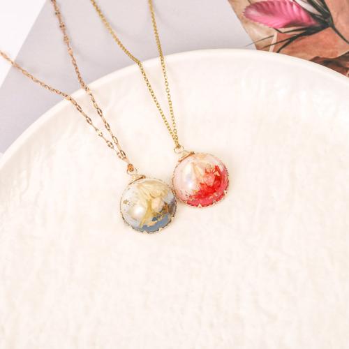 Brass Pendant, with Epoxy Sticker & Dried Flower, Round, plated, DIY, more colors for choice, 24x18mm, Sold By PC