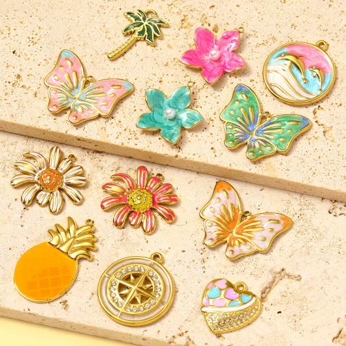 Stainless Steel Pendants, 304 Stainless Steel, with Resin & Plastic Pearl, gold color plated, DIY & enamel & with rhinestone, more colors for choice, 3PCs/Bag, Sold By Bag