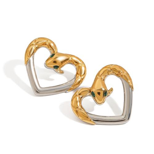 Stainless Steel Stud Earrings, 304 Stainless Steel, Heart, plated, micro pave cubic zirconia & for woman & two tone & hollow, Sold By Pair