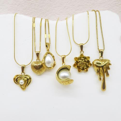 Stainless Steel Jewelry Necklace, 304 Stainless Steel, with Plastic Pearl, 18K gold plated, fashion jewelry & different styles for choice & for woman, Length:Approx 41-50 cm, Sold By PC