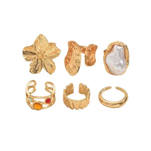 Tibetan Style Finger Ring, with Gemstone & Resin, 6 pieces & fashion jewelry & for woman, golden, Sold By Set