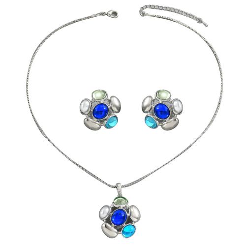Brass Jewelry Set, Stud Earring & necklace, with Gemstone, Flower, 2 pieces & fashion jewelry & for woman, original color, Sold By Set