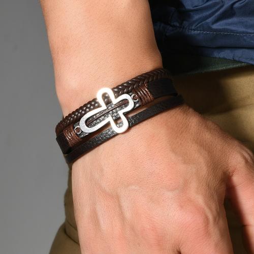PU Leather Bracelet, with Tibetan Style, Cross, handmade, vintage & multilayer & for man & hollow, more colors for choice, Sold By PC