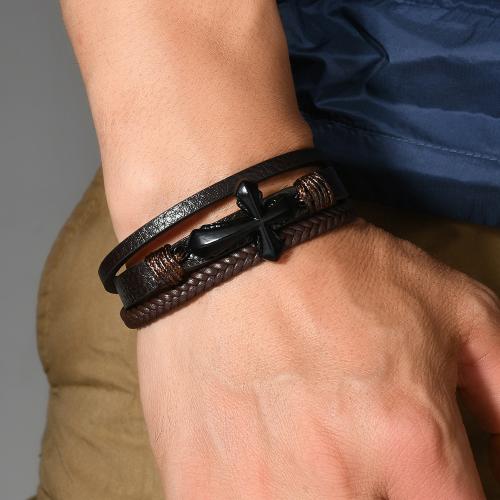 PU Leather Bracelet, with Tibetan Style, Cross, handmade, vintage & multilayer & for man, more colors for choice, Sold By PC