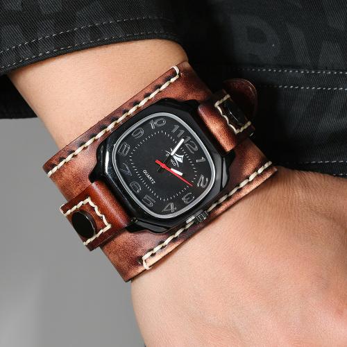 Cowhide Watch Bracelet, with Glass & Tibetan Style, Square, vintage & Chinese movement & for man, more colors for choice, Length:Approx 28 cm, Sold By PC