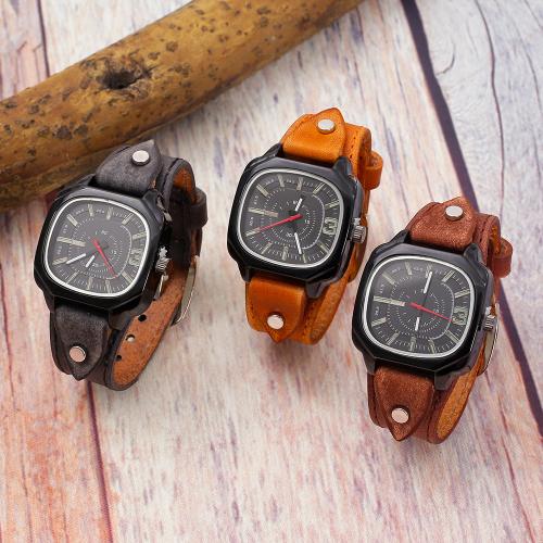 Cowhide Watch Bracelet, with Glass & Tibetan Style, Square, vintage & Chinese movement & Unisex, more colors for choice, Length:Approx 26 cm, Sold By PC