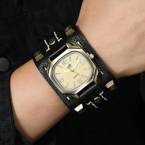 Cowhide Watch Bracelet, with Wax Cord & Glass & Tibetan Style, vintage & Chinese movement & for man, more colors for choice, Length:Approx 28 cm, Sold By PC