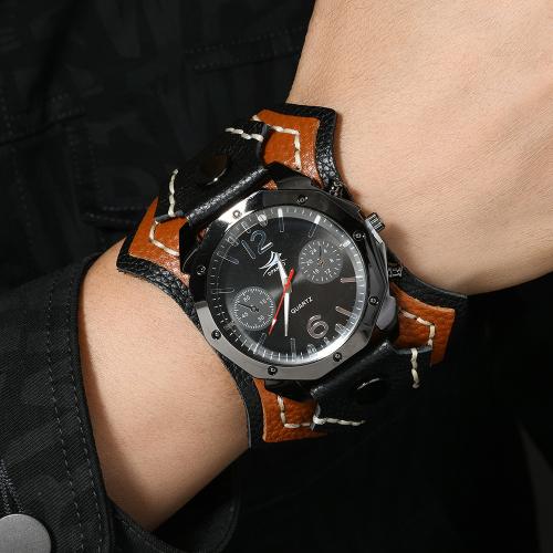 Cowhide Watch Bracelet, with Wax Cord & Glass & Tibetan Style, Chinese movement & punk style & for man, more colors for choice, Length:Approx 27 cm, Sold By PC