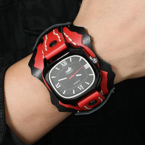 Cowhide Watch Bracelet, with Wax Cord & Glass & Tibetan Style, Chinese movement & punk style & for man, more colors for choice, Length:Approx 29 cm, Sold By PC
