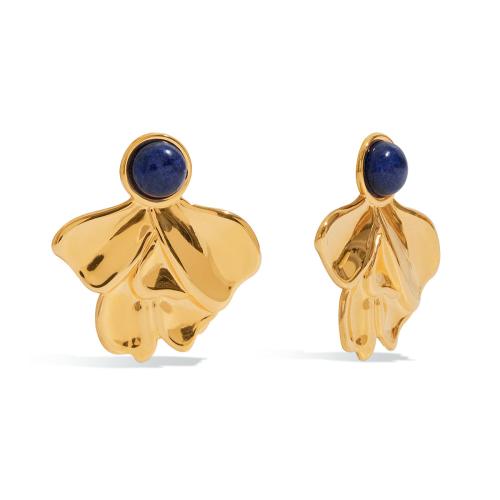 Stainless Steel Stud Earrings, 304 Stainless Steel, with Lapis Lazuli, plated, fashion jewelry & for woman, golden, Sold By Pair