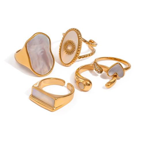 Stainless Steel Finger Ring, 304 Stainless Steel, with White Shell, plated, fashion jewelry & different styles for choice & for woman, golden, Sold By PC