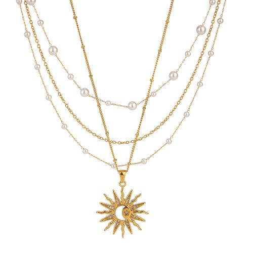 304 Stainless Steel Necklace, with Plastic Pearl, plated, three layers & different styles for choice & for woman, golden, Sold By Pair