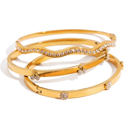 Stainless Steel Bangle, 304 Stainless Steel, plated, different styles for choice & for woman & with rhinestone, golden, Sold By PC