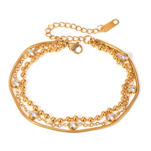 Stainless Steel Jewelry Bracelet, 304 Stainless Steel, with Cubic Zirconia, 18K gold plated, three layers & fashion jewelry & for woman, Sold By PC