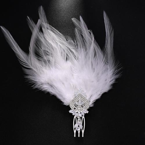 Decorative Hair Combs, Copper Alloy, with Fiber, fashion jewelry & for woman & with rhinestone, silver color, Sold By PC