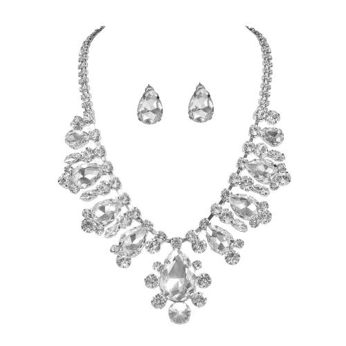 Brass Jewelry Set, Stud Earring & necklace, fashion jewelry & for woman & with rhinestone, white, Sold By Set